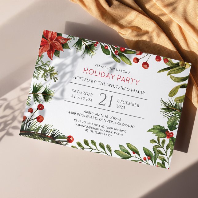 Invitation Carte Postale Fête de Noël Verdure Aquarelle moderne (Botanical Floral Poinsettia Christmas Party Invitation Postcard)