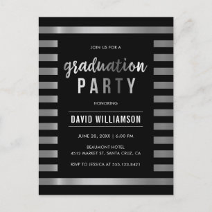 Invitation Carte Postale Fête de remise des diplômes noire et argentée