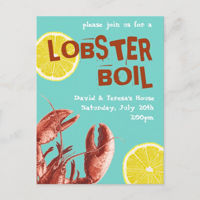 Invitation Carte Postale Fête d'ébullition du homard d'été Aqua (Devant)