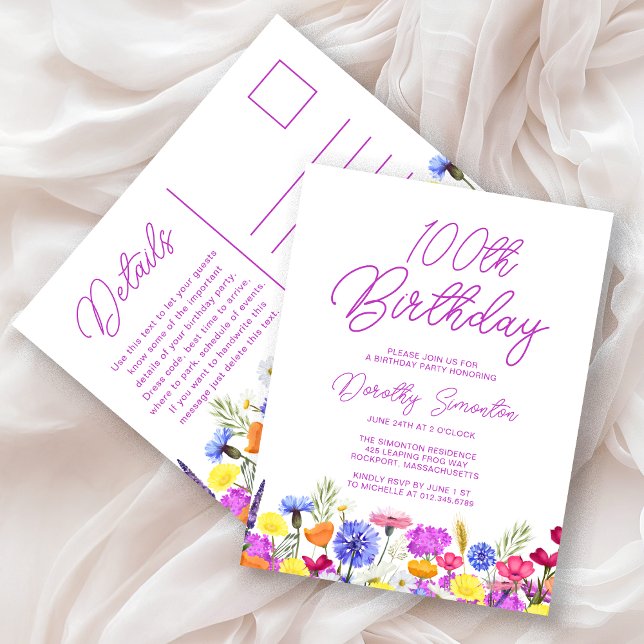 Invitation Carte Postale Fête des 100 ans Fleurs sauvages violettes abordab (Créateur téléchargé)