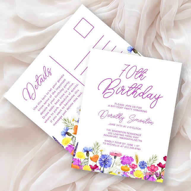 Invitation Carte Postale Fête des 70 ans Fleurs sauvages violettes Pas cher (Créateur téléchargé)
