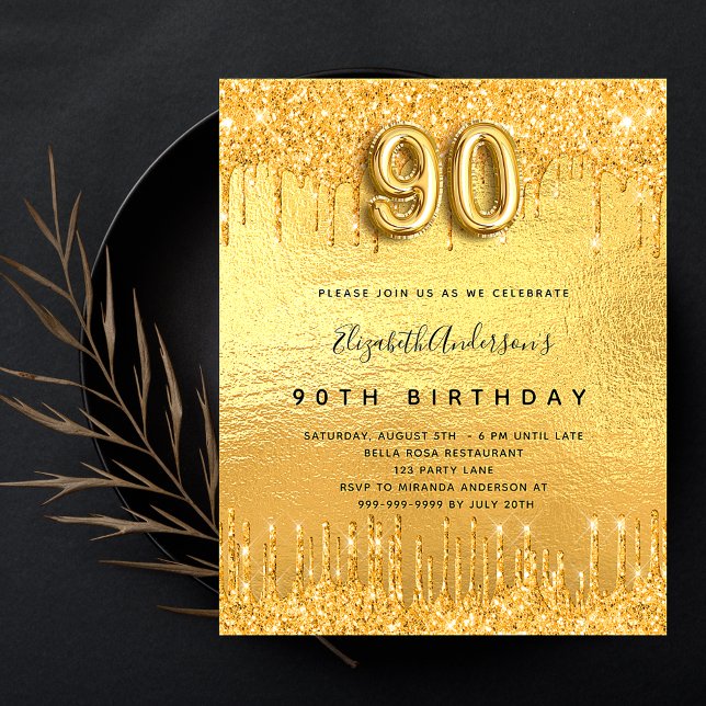Invitation Carte Postale Fête des 90 ans paillettes d'or qui coulent (Créateur téléchargé)