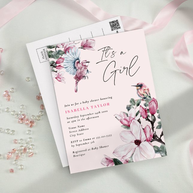 Invitation Carte Postale Fête des mariées budgétaire Pink Floral & Spring B (Créateur téléchargé)