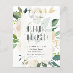 Invitation Carte Postale Fête des mariées Chic Gold Watercolor Peonies
