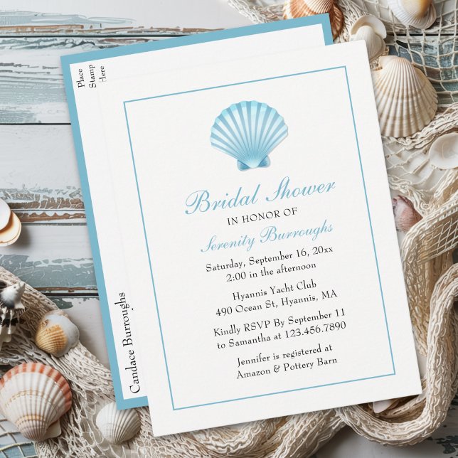 Invitation Carte Postale Fête des mariées de coquillages Nautique Bleu Plag (Créateur téléchargé)