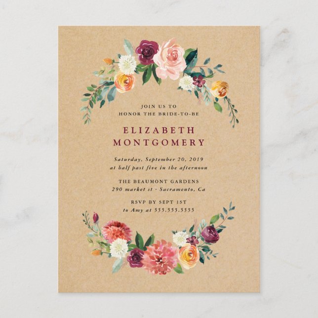 Invitation Carte Postale Fête des mariées de couronnes florales Kraft rusti (Devant)