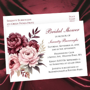 Invitation Carte Postale Fête des mariées de pivoine d'aquarelle de Bourgog