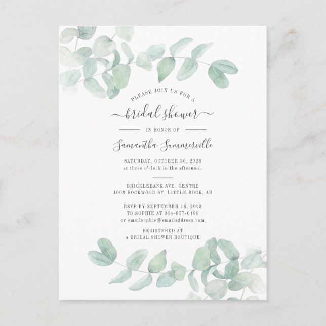 Invitation Carte Postale Fête des mariées de script botanique Eucalyptus Gr (Devant)