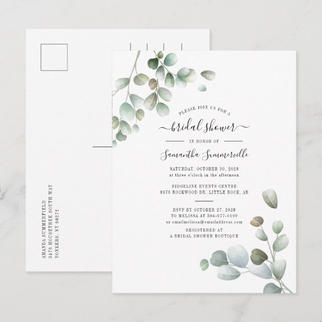 Invitation Carte Postale Fête des mariées de script botanique Eucalyptus Gr (Devant / Derrière)