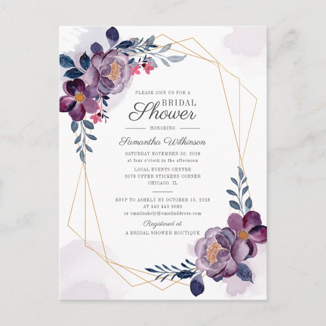 Invitation Carte Postale Fête des mariées de script géométrique florale vio (Devant)