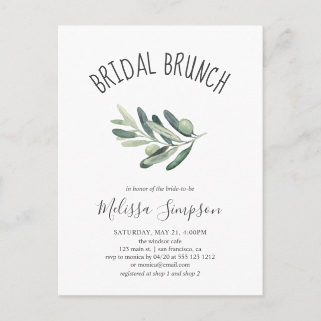 Invitation Carte Postale Fête des mariées d'olive verdoyante Brunch (Devant)