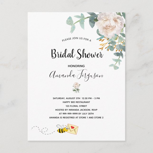 Invitation Carte Postale Fête des mariées eucalyptus bumble floral bee (Devant)