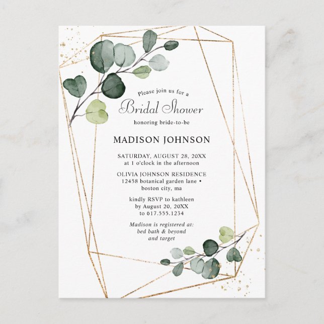 Invitation Carte Postale Fête des mariées Eucalyptus de cadre d'or géométri (Devant)