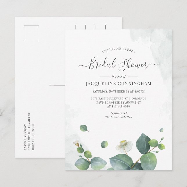 Invitation Carte Postale Fête des mariées Eucalyptus Script de verdure Succ (Devant / Derrière)