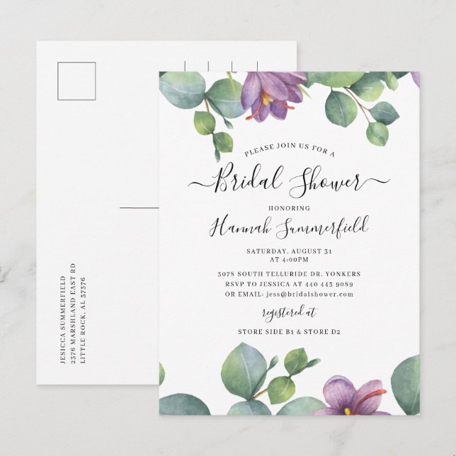 Invitation Carte Postale Fête des mariées Eucalyptus Vert Floral Succulent (Devant / Derrière)