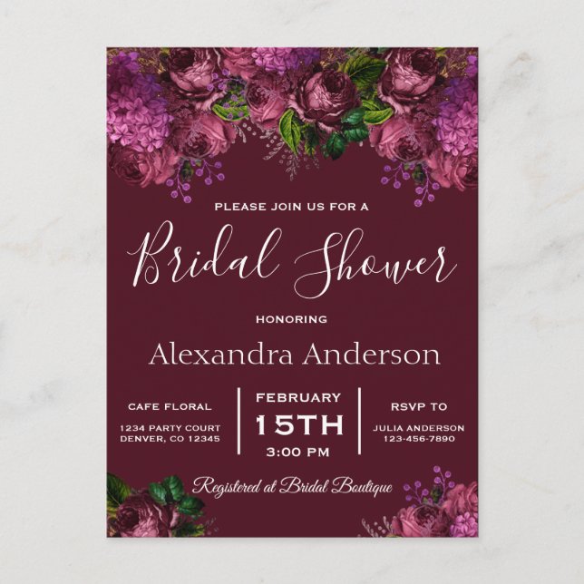 Invitation Carte Postale Fête des mariées Floral Marsala Bourgogne Invitati (Devant)