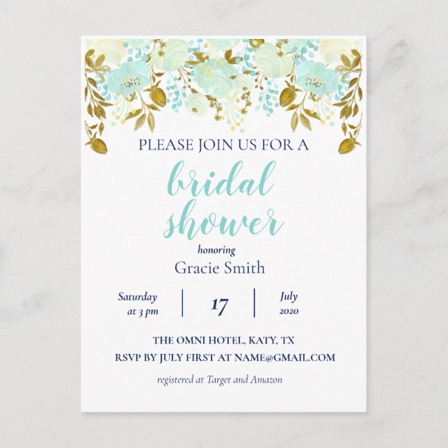 Invitation Carte Postale Fête des mariées florale de menthe et or (Devant)