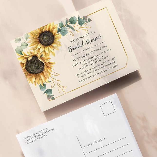 Invitation Carte Postale Fête des mariées florale de tournesol Eucalyptus (Créateur téléchargé)