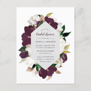 Invitation Carte Postale Fête des mariées florale dorée et prune pourpre