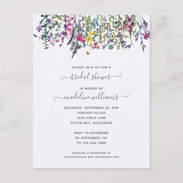 Invitation Carte Postale Fête des mariées florale fleur sauvage (Devant)