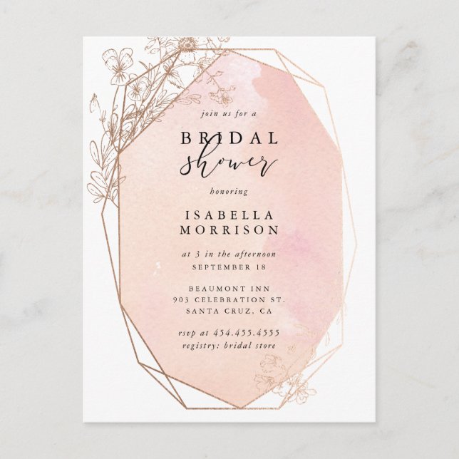Invitation Carte Postale Fête des mariées florale géométrique rose or (Devant)