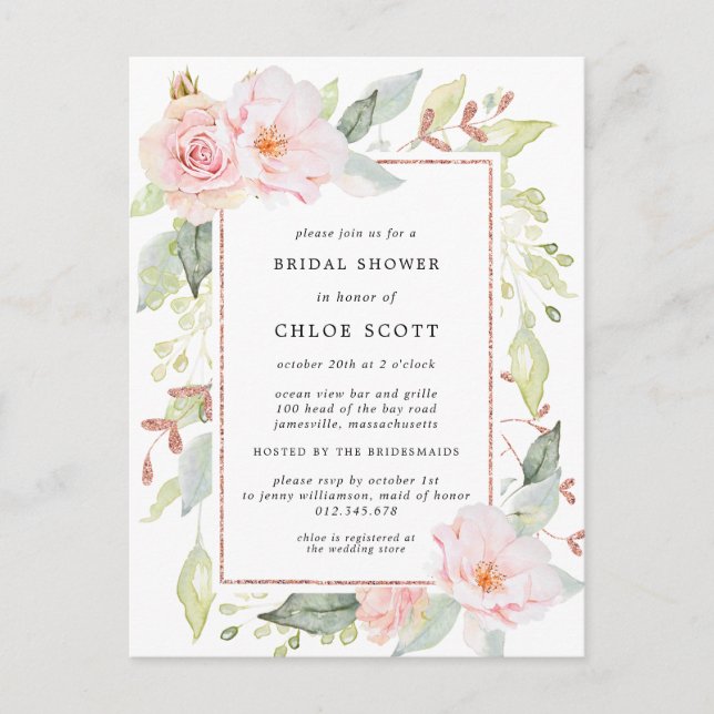Invitation Carte Postale Fête des mariées florale rose (Devant)