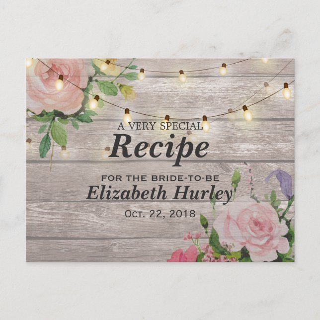 Invitation Carte Postale Fête des mariées Lumières à cordes florales de boi (Devant)