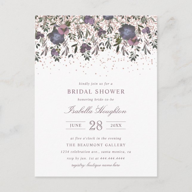 Invitation Carte Postale Fête des mariées Mauve Blossom & Rose Gold Confett (Devant)