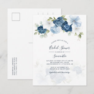 Invitation Carte Postale Fête des mariées moderne Floral Dusty Blue Script
