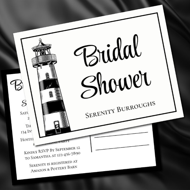 Invitation Carte Postale Fête des mariées nautique noir blanc phare (Créateur téléchargé)