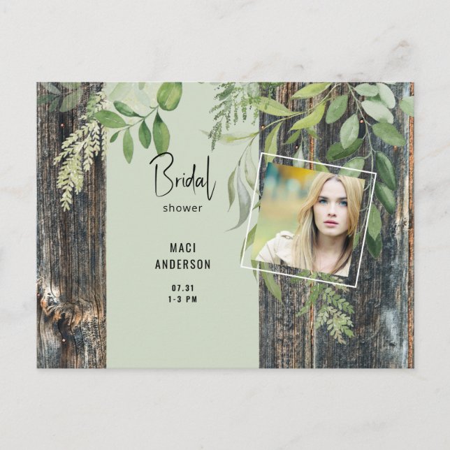 Invitation Carte Postale Fête des mariées photo Eucalyptus Rustic Sage (Devant)