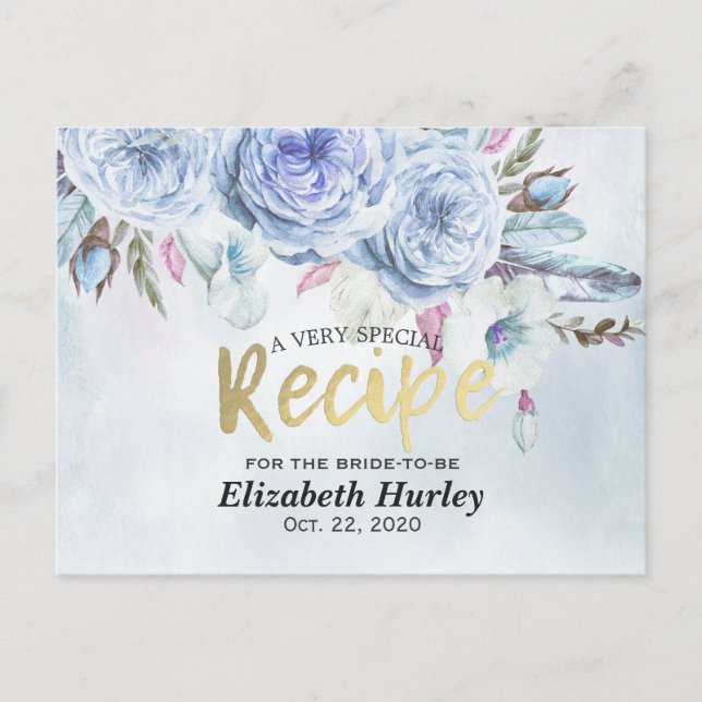 Invitation Carte Postale Fête des mariées Recette Aquarelle Floral & Plumes (Devant)