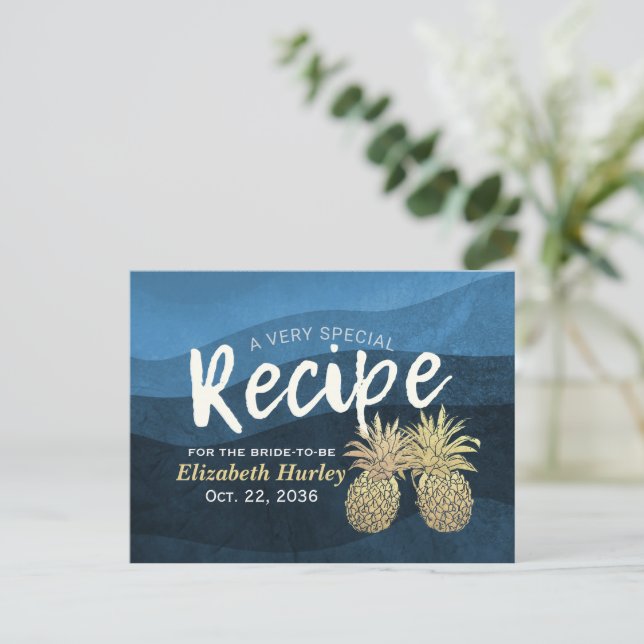 Invitation Carte Postale Fête des mariées Recette bleu or ananas Couple (Debout devant)