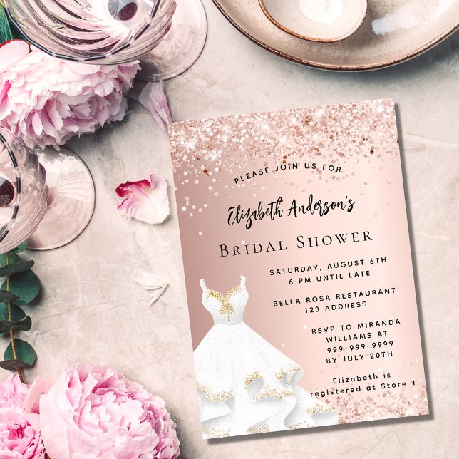 Invitation Carte Postale Fête des mariées rose or blanc robe élégante (Créateur téléchargé)