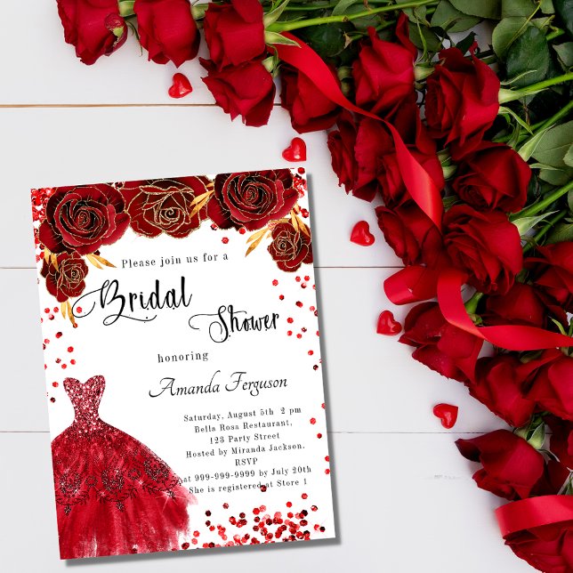 Invitation Carte Postale Fête des mariées rouge robe blanche rose fleurs (Créateur téléchargé)
