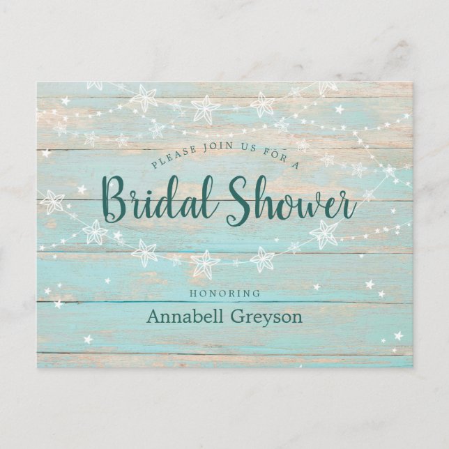Invitation Carte Postale Fête des mariées Rustic Wood Blue String Stars (Devant)