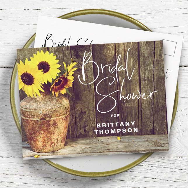 Invitation Carte Postale Fête des mariées rustique en bois de tournesol (Créateur téléchargé)