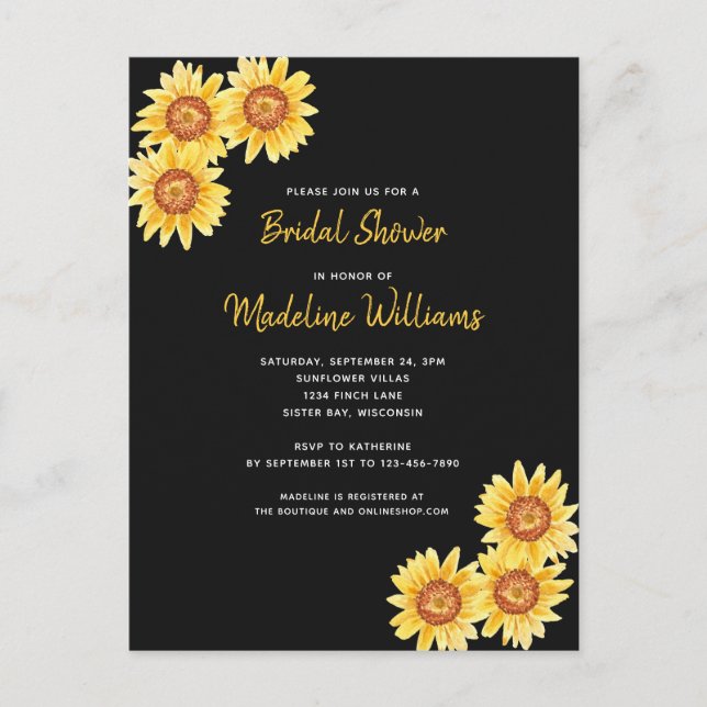 Invitation Carte Postale Fête des mariées tournesol (Devant)