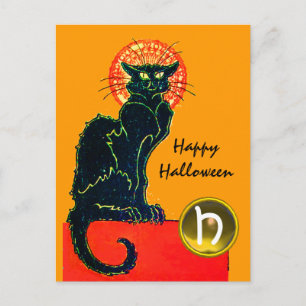 INVITATION CARTE POSTALE FÊTE D'HALLOWEEN CHAT NOIR MONOGRAMME