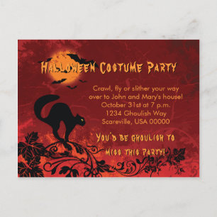 Invitation Carte Postale Fête d'Halloween de chats et chauves-souris noirs 