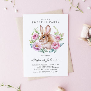 Invitation Carte Postale Fête Douce 16 ans Lapin Aquarelle et Fleurs Roses