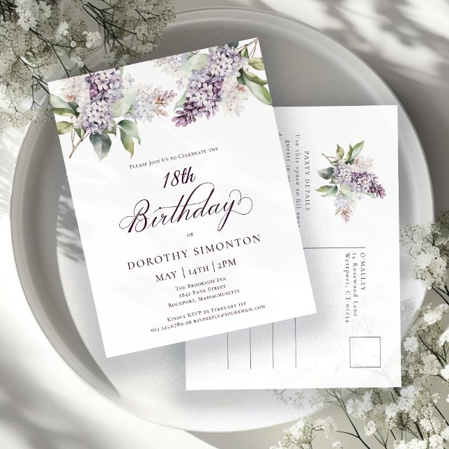 Invitation Carte Postale Fête du 18e anniversaire Purple Spring Lilac Fleur (Créateur téléchargé)
