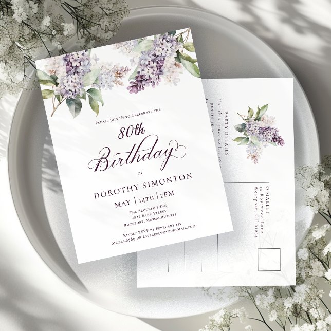Invitation Carte Postale Fête du 80e anniversaire Purple Spring Lilac Fleur (Créateur téléchargé)