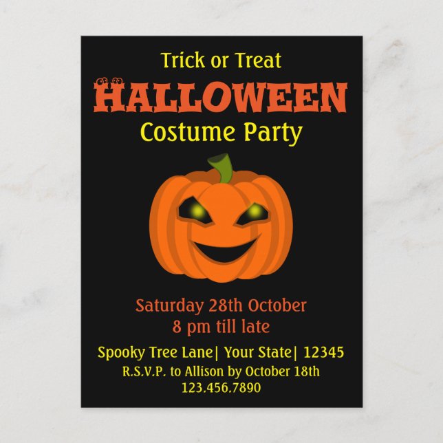 Invitation Carte Postale Fête du costume Citrouille d'Halloween (Devant)