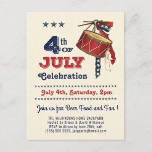 Invitation Carte Postale Fête du Drapeau Vintage 4 juillet tambour américai