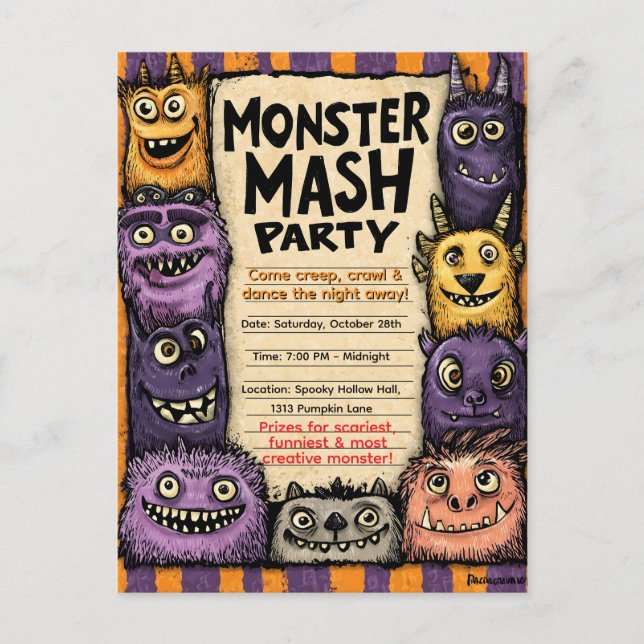 Invitation Carte Postale "Fête du Monster Mash" avec de mignons monstres (Devant)