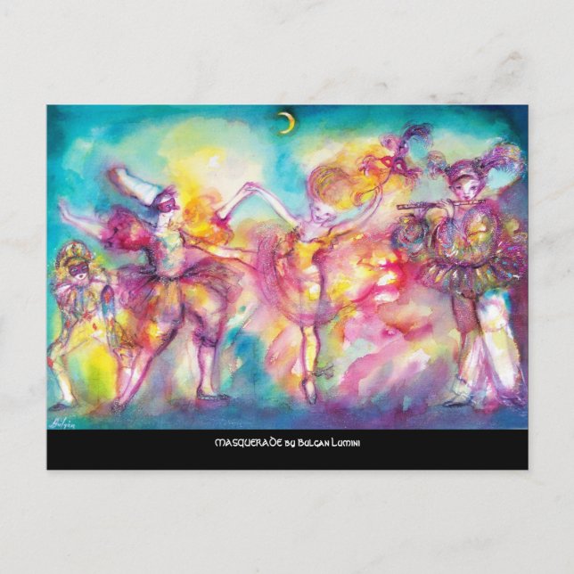 Invitation Carte Postale FÊTE MASQUÉE,Masques de Mardi Gras,Danse,Musique (Devant)