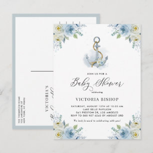 Invitation Carte Postale Fête Prénatale Aquarelle Fleur Bleue Ancre Marine