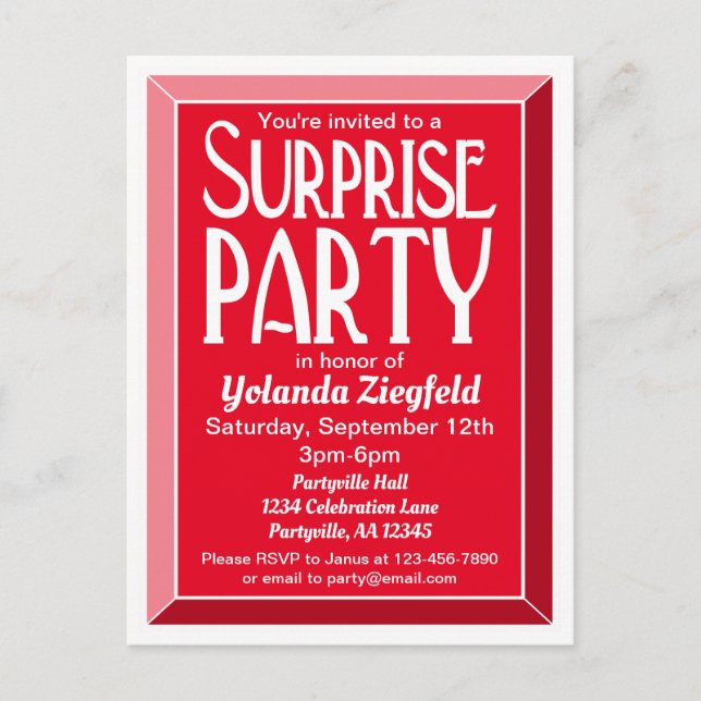 Invitation Carte Postale Fête surprise d'anniversaire Art Déco rouge biseau (Devant)