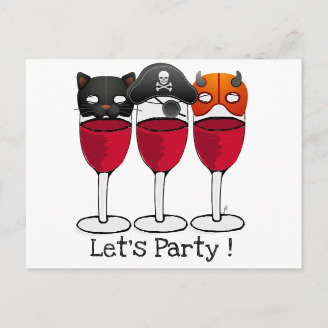 INVITATION CARTE POSTALE FÊTONS HALLOWEEN COSTUME MASQUES VIN LUNETTES (Devant)